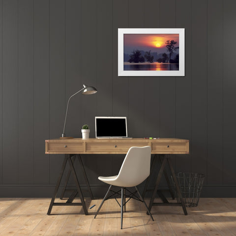 PA, Erie, Presque Isle SP, Sunset over lake White Modern Wood Framed Art Print by Anon, Ellen
