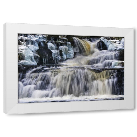 PA, Waterfall flows past rocks in Childs Park White Modern Wood Framed Art Print by OBrien, Jay