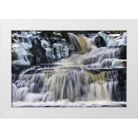 PA, Waterfall flows past rocks in Childs Park White Modern Wood Framed Art Print by OBrien, Jay