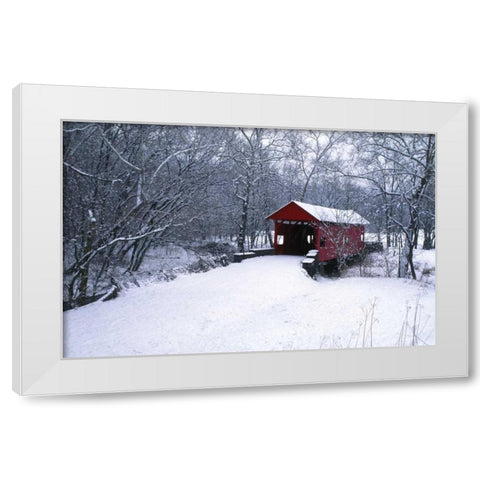 PA, Mariana Co, Hughes Covered Bridge in winter White Modern Wood Framed Art Print by Rotenberg, Nancy