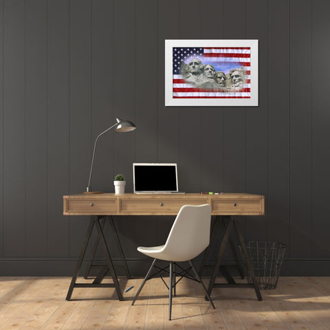 South Dakota American flag and Mt Rushmore NM White Modern Wood Framed Art Print by Flaherty, Dennis