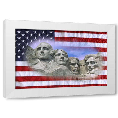 South Dakota American flag and Mt Rushmore NM White Modern Wood Framed Art Print by Flaherty, Dennis