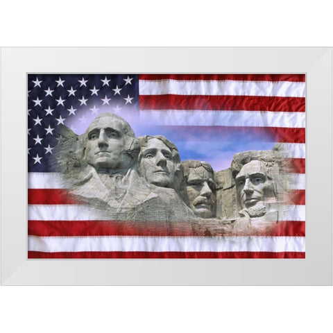 South Dakota American flag and Mt Rushmore NM White Modern Wood Framed Art Print by Flaherty, Dennis