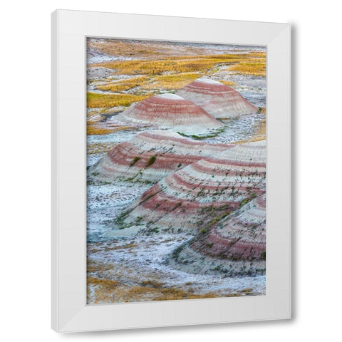 A half circle of rounded mounds or hoodoo-sharply striated with reds White Modern Wood Framed Art Print by Haddad, Sheila