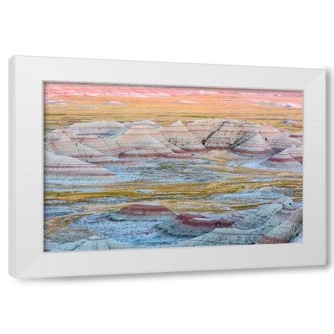 A circular grouping of hoodoo mounds-interspersed with yellow grasses-pinks and red mixed in White Modern Wood Framed Art Print by Haddad, Sheila