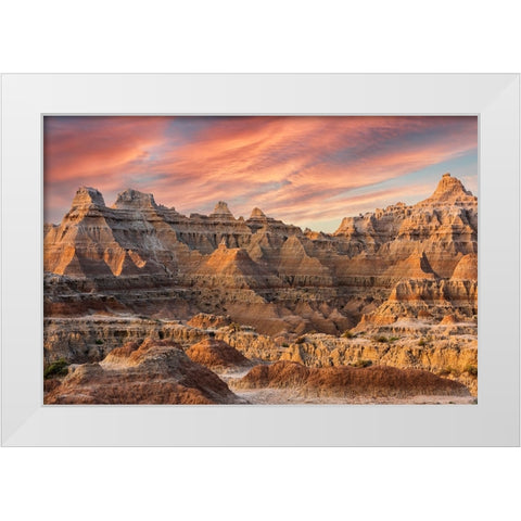 Magnificent set of striated hoodoos set against the backdrop of sunset colors in the sky White Modern Wood Framed Art Print by Haddad, Sheila