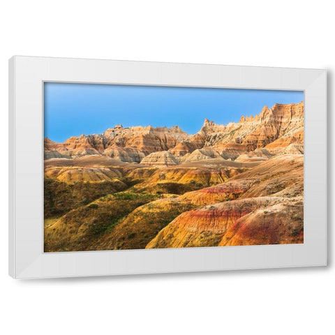 Layers of striated round hoodoos lead to soaring sharp peaked hoodoos White Modern Wood Framed Art Print by Haddad, Sheila