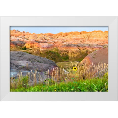 A painterly image of softer hoodoos set against a row of wildflowers and grass White Modern Wood Framed Art Print by Haddad, Sheila