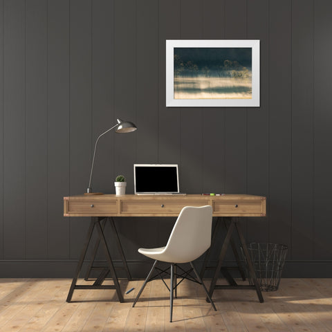 Foggy meadow at sunrise-Cades Cove-Smoky Mountains National Park-Tennessee White Modern Wood Framed Art Print by Jones, Adam