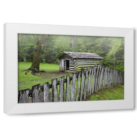 TN, Great Smoky Mts Fence and abandoned cabin White Modern Wood Framed Art Print by Flaherty, Dennis