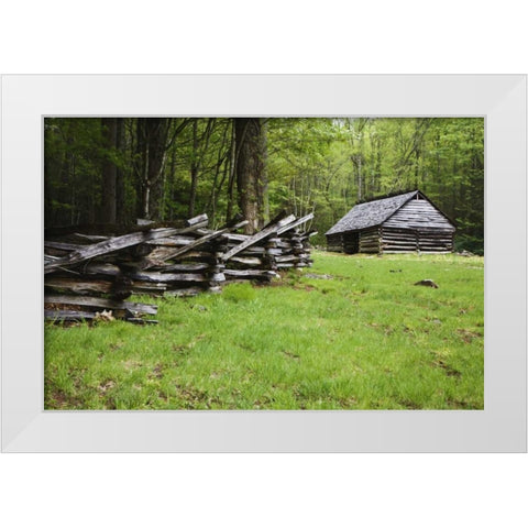 TN, Great Smoky Mts Fence and abandoned stable White Modern Wood Framed Art Print by Flaherty, Dennis