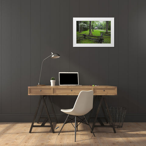 TN, Great Smoky Mts Fence and abandoned cabin White Modern Wood Framed Art Print by Flaherty, Dennis