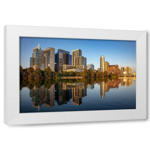 City skyline reflects in the Colorado River in Austin-Texas-USA White Modern Wood Framed Art Print by Haney, Chuck