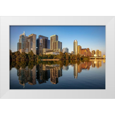 City skyline reflects in the Colorado River in Austin-Texas-USA White Modern Wood Framed Art Print by Haney, Chuck