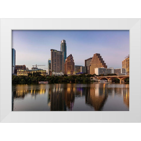 City skyline reflects in the Colorado River in Austin-Texas-USA White Modern Wood Framed Art Print by Haney, Chuck