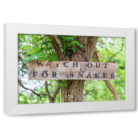Castroville-Texas-USA-Sign warning snakes in the Texas Hill Country White Modern Wood Framed Art Print by Wilson, Emily M.