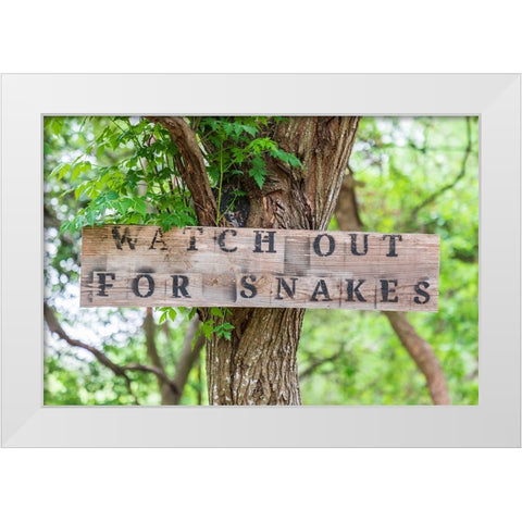 Castroville-Texas-USA-Sign warning snakes in the Texas Hill Country White Modern Wood Framed Art Print by Wilson, Emily M.