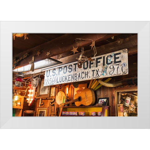Luckenbach-Texas-USA-Post office sign in a tourist shop in Luckenbach-Texas White Modern Wood Framed Art Print by Wilson, Emily M.
