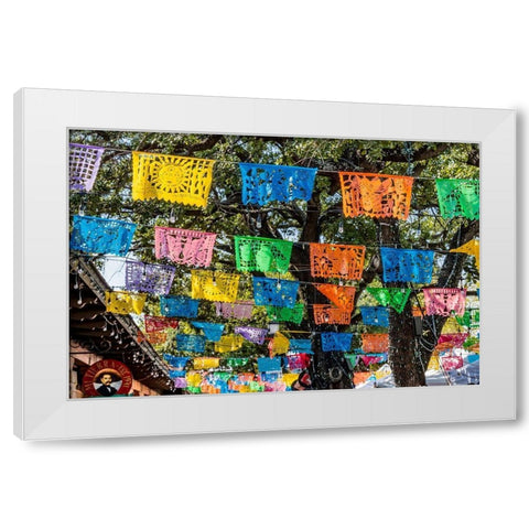 Mexican Market Square-Flags Symbols christmas paper decorations-San Antonio-Texas White Modern Wood Framed Art Print by Perry, William