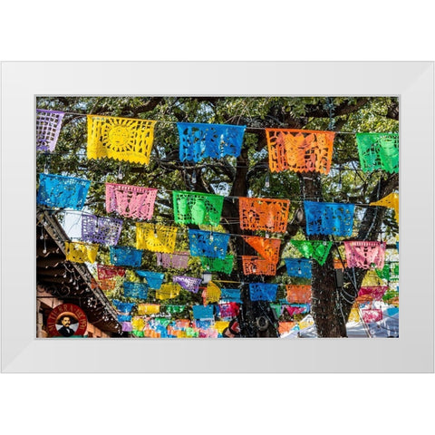 Mexican Market Square-Flags Symbols christmas paper decorations-San Antonio-Texas White Modern Wood Framed Art Print by Perry, William