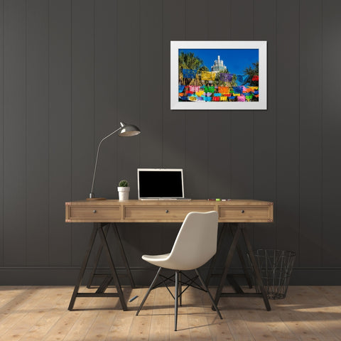 Mexican Market Square-Flags Symbols christmas paper decorations-San Antonio-Texas White Modern Wood Framed Art Print by Perry, William