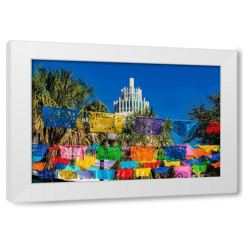 Mexican Market Square-Flags Symbols christmas paper decorations-San Antonio-Texas White Modern Wood Framed Art Print by Perry, William