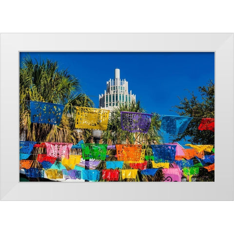 Mexican Market Square-Flags Symbols christmas paper decorations-San Antonio-Texas White Modern Wood Framed Art Print by Perry, William