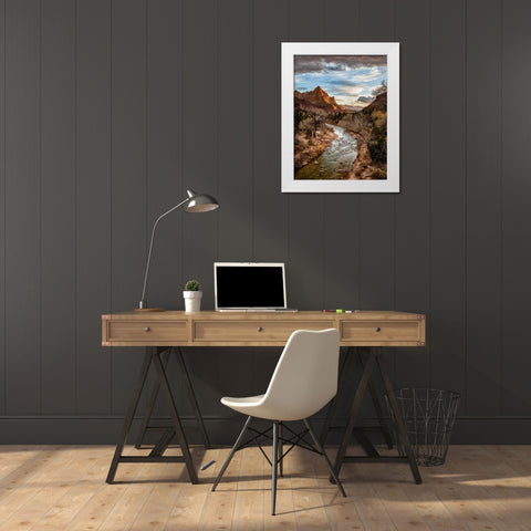 Utah-Zion National Park-Sunset lights up The Watchman and the Virgin River White Modern Wood Framed Art Print by Collins, Ann