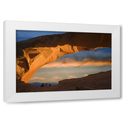 UT, Arches NP Hikers at Skyline arch at sunset White Modern Wood Framed Art Print by Paulson, Don