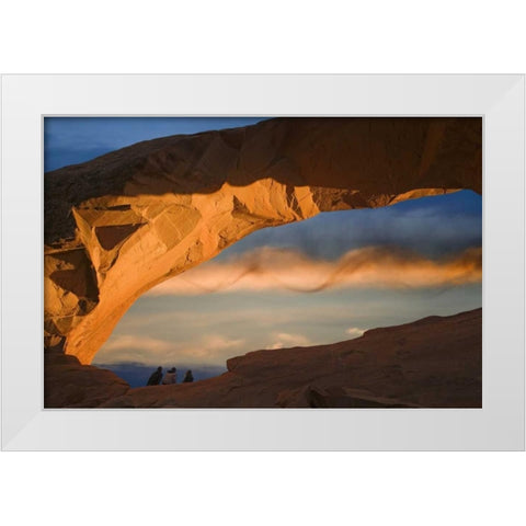 UT, Arches NP Hikers at Skyline arch at sunset White Modern Wood Framed Art Print by Paulson, Don
