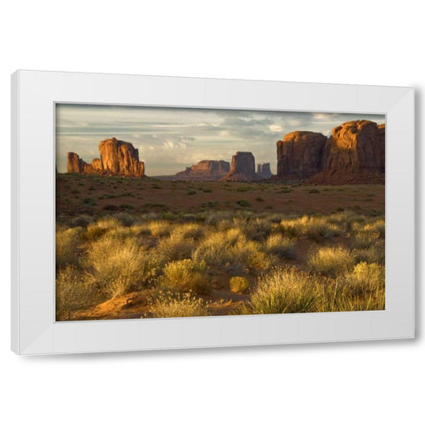 UT, Monument Valley landscape at sunrise White Modern Wood Framed Art Print by OBrien, Jay