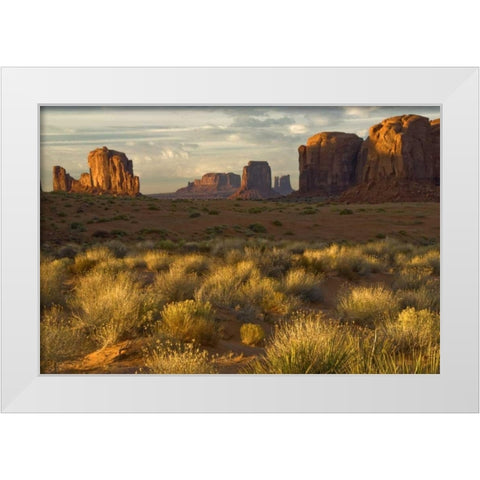 UT, Monument Valley landscape at sunrise White Modern Wood Framed Art Print by OBrien, Jay