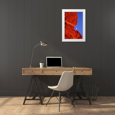USA, Utah, Arches NP Moonrise over Balanced Rock White Modern Wood Framed Art Print by Welling, Dave