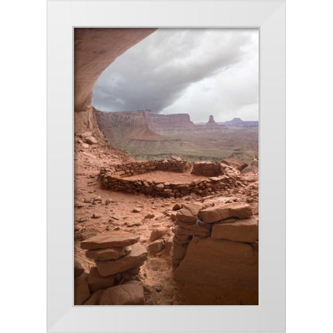 UT, Canyonlands NP Anasazi ruin with clouds White Modern Wood Framed Art Print by Paulson, Don