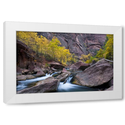 Utah, Zion NP Canyon waterfall with cottonwoods White Modern Wood Framed Art Print by Rotenberg, Nancy