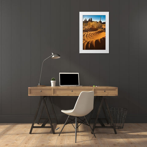 UT, Monument Valley Totem pole and sand dunes White Modern Wood Framed Art Print by Rotenberg, Nancy