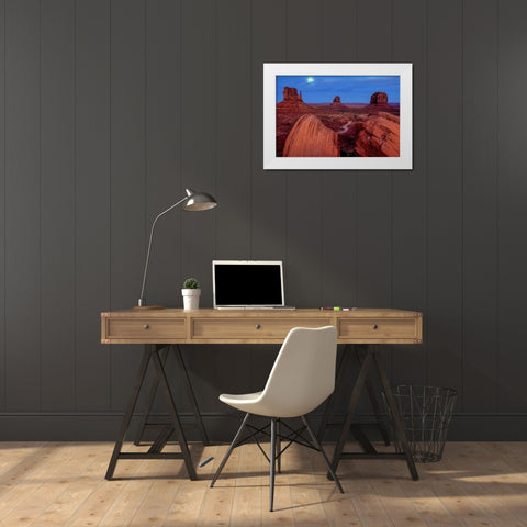 UT, Monument Valley Moon and landscape White Modern Wood Framed Art Print by OBrien, Jay