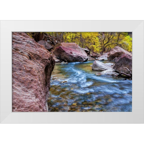 USA, Utah, Zion NP Stream in autumn landscape White Modern Wood Framed Art Print by OBrien, Jay