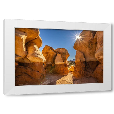 USA- Utah- Devils Garden Outstanding Natural Area. Sun starburst on hoodoo rock formations. White Modern Wood Framed Art Print by Jaynes Gallery