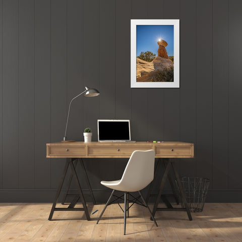 USA- Utah- Devils Garden Outstanding Natural Area. Sun starburst on hoodoo rock formations. White Modern Wood Framed Art Print by Jaynes Gallery