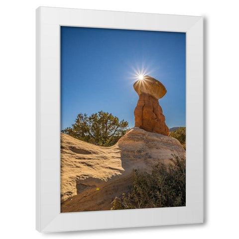 USA- Utah- Devils Garden Outstanding Natural Area. Sun starburst on hoodoo rock formations. White Modern Wood Framed Art Print by Jaynes Gallery