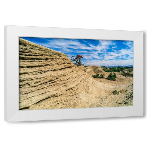 Mountain biker balances courage and danger and attempting to avoid crash on Red Rock-Utah-USA (MR) White Modern Wood Framed Art Print by Garber, Howie