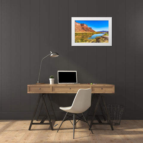 Sandy beach river access. Colorado River- Moab- Utah. White Modern Wood Framed Art Print by Perry, William