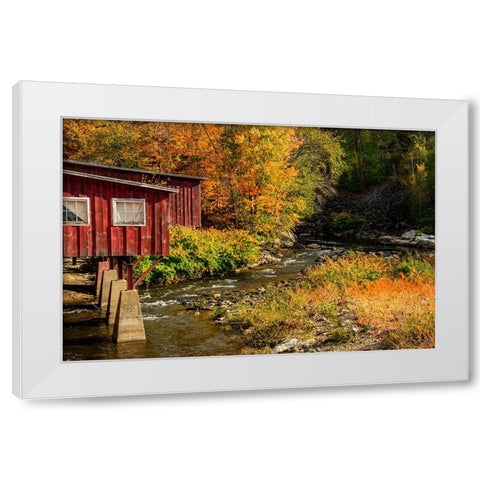 USA-Vermont-Stowe-red mill on Little River as it flows south of Stowe to Winooski River-fall foliage White Modern Wood Framed Art Print by Jones, Allison