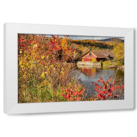 USA-Vermont-Moscow-mill on Little River pond there-fall foliage White Modern Wood Framed Art Print by Jones, Allison