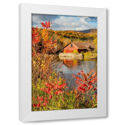 USA-Vermont-Moscow-mill on Little River pond there-fall foliage White Modern Wood Framed Art Print by Jones, Allison