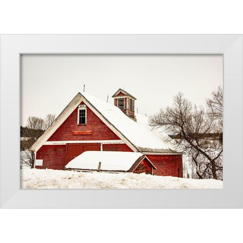 USA-Vermont-Cambridge-Lower Pleasant Valley Road-red barn in snow White Modern Wood Framed Art Print by Jones, Alison