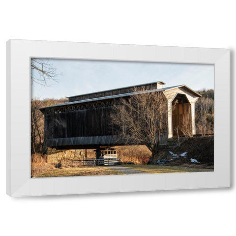 USA-Vermont-Wolcott on Rt 15 between Morrisville and Joes Pond-covered RR bridge over Lamoille River White Modern Wood Framed Art Print by Jones, Allison