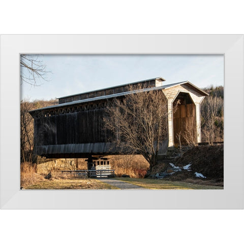 USA-Vermont-Wolcott on Rt 15 between Morrisville and Joes Pond-covered RR bridge over Lamoille River White Modern Wood Framed Art Print by Jones, Allison