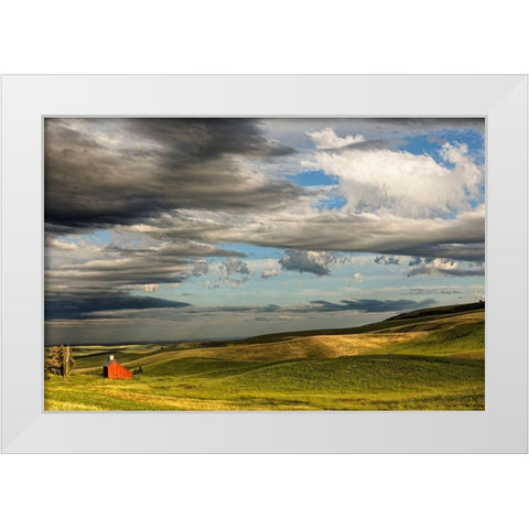 Red barn in valley of rolling farm fields-Palouse agricultural region of western Idaho White Modern Wood Framed Art Print by Jones, Adam